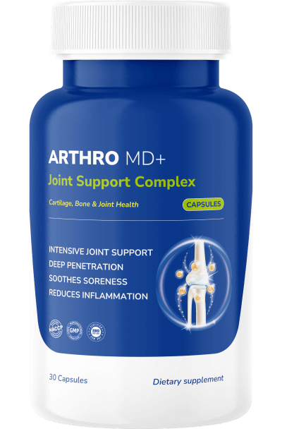 Arthro MD+ Joint Support Complex dietary supplement bottle showing product label and benefits.